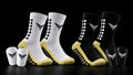 Future Form Duo Bundle: one black and one white pair of grip socks and one black and one white pair of mini shin guards
