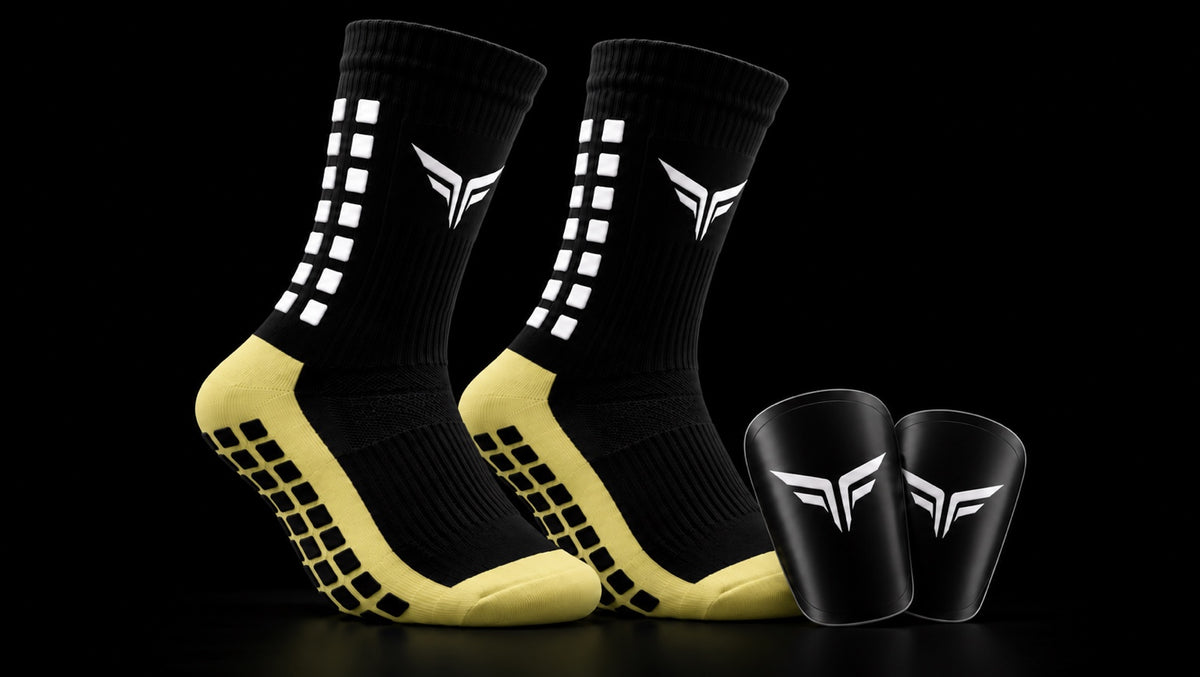 Future Form Essentials Bundle with black grip socks and black mini shin guards